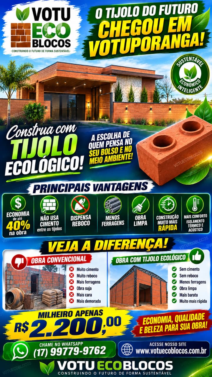 Tijolo ecológico VotuEco Blocos — economize até 40% na sua obra, milheiro R$ 2.200,00